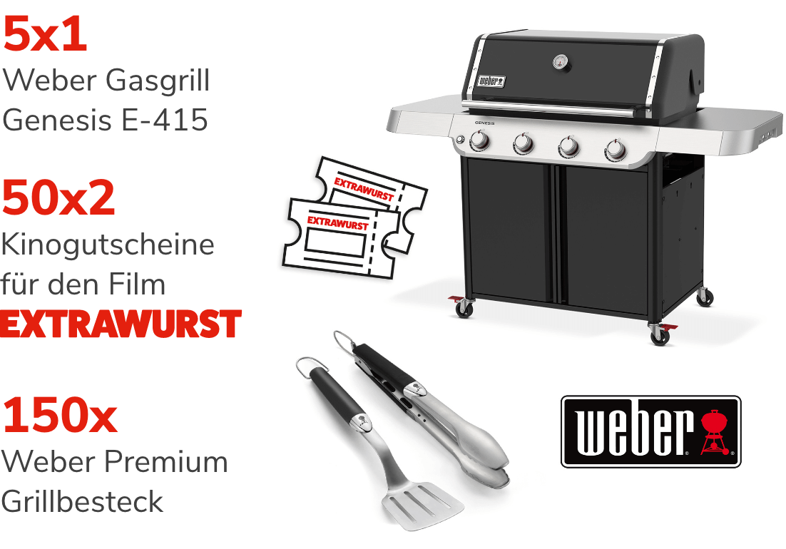 Abbildung der Gewinne, 5x1 Weber Gasgrill, 150xWeber Grillbesteck sowie 50x2 Kinogutscheine für den Film