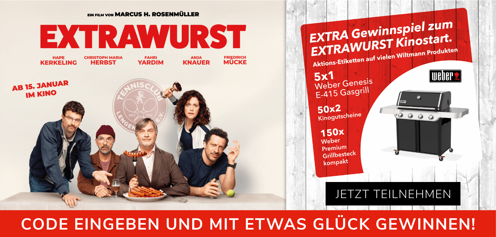 EXTRAWURST Filmplakat mit Gewinnspiel um Weber Gasgrill, Grillbestecke & Kinogutscheine