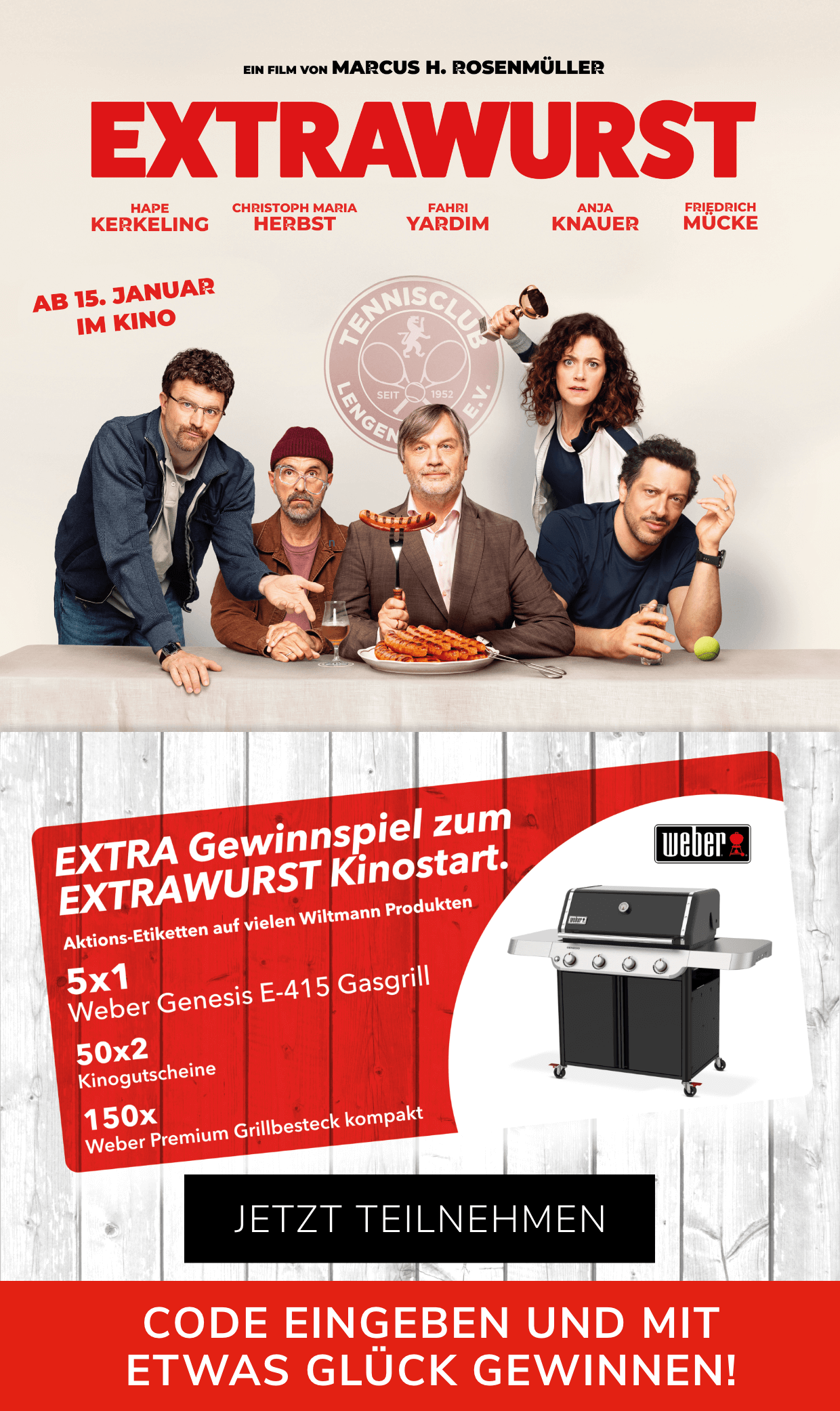 EXTRAWURST Filmplakat mit Gewinnspiel um Weber Gasgrill, Grillbestecke & Kinogutscheine